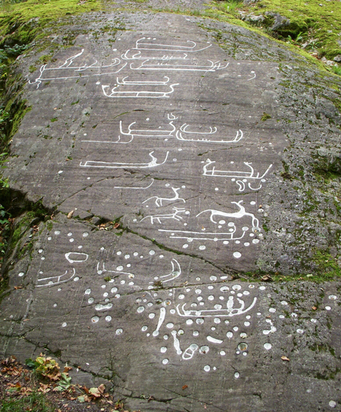 Photographie de Holger Ellgaard d’une roches aux multiples pétroglyphes suggérant des formes de bâteaux, d’annimaux et des dizaines de cupules.