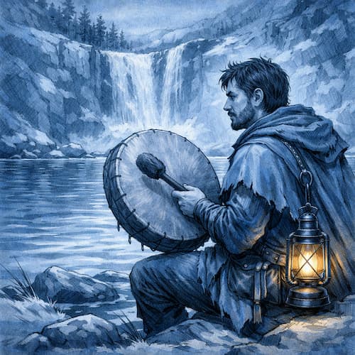 Un homme au bord du lac, jouant du tambour en peau sous la cascade, éclairé par une lanterne dorée dans une ambiance argent‑bleu mystique.